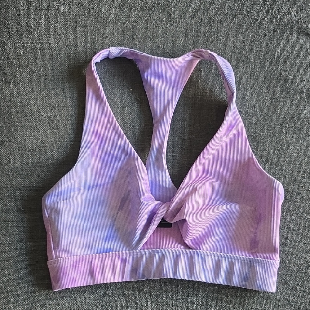 Beach Riot Twist Top In Crystal Tie Dye Lavender Ribbed Sports Bra